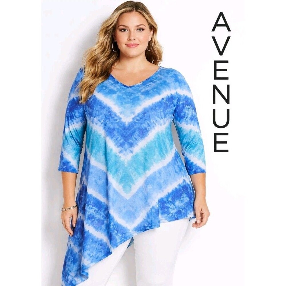 AVENUE Women 26/28 Tie Dye Cover-Up Top Asymmetrical Hem 3/4 Sleeve V-Neck Blue